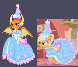 Size: 1280x1106 | Tagged: safe, artist:darlycatmake, applejack, smolder, dragon, pony, g4, look before you sleep, adorasexy, angry, beautiful, calm, clothes, cute, dragon wings, dragoness, dress, dressup, ear piercing, female, flower, flower in hair, froufrou glittery lacy outfit, glare, gloves, golden oaks library, happy, hat, hennin, jackabetes, jewelry, long gloves, mare, necklace, piercing, pretty, princess, princess applejack, princess smolder, puffy sleeves, screencap reference, screenshots, sexy, smiling, smolderbetes, spread wings, wings