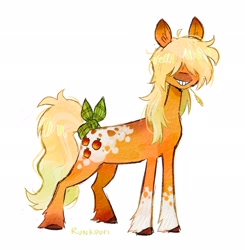 Size: 2011x2048 | Tagged: safe, artist:lutraviolet, applejack, earth pony, pony, g4, alternate design, bow, coat markings, dappled, grin, hair over eyes, high res, simple background, smiling, solo, straw in mouth, tail, tail bow, unshorn fetlocks, white background