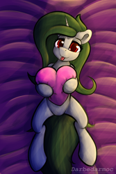 Size: 2048x3072 | Tagged: safe, artist:darbedarmoc, oc, oc only, oc:minerva, pony, unicorn, bed, heart, heart pillow, high res, hug, looking at you, lying down, on back, pillow, pillow hug, red eyes, solo, spread legs, spreading