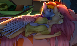 Size: 1280x776 | Tagged: safe, artist:fluffyorbiter, artist:medkit, fluttershy, rainbow dash, pegasus, anthro, g4, bed, bedroom, bedroom eyes, blanket, blushing, bottomless, breast fondling, breast grab, breasts, busty fluttershy, cheek kiss, clothes, collaboration, colored pupils, comfy, complex background, couch, cute, daaaaaaaaaaaw, disheveled, dishevelled, duo, eyebrows, eyelashes, eyes closed, fanart, feather, feathered wings, female, fluttershy's cottage, grope, happy, heart, heart eyes, hearts and hooves day, hug, hug from behind, kissing, lesbian, lidded eyes, light, long mane, looking at someone, loose hair, love, lying, lying down, lying on bed, on bed, partial nudity, particles, pillow, rainbow, room, ship:flutterdash, shipping, shirt, short mane, side view, smiling, snuggling, strategically covered, t-shirt, wall of tags, wingding eyes, winghug, wings