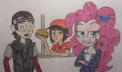 Size: 1716x1018 | Tagged: safe, artist:jebens1, pinkie pie, human, equestria girls, g4, casey jones, his cheeseburger, parody, silly songs, silly songs with pinkie, traditional art, veggietales
