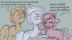 Size: 1222x688 | Tagged: safe, anonymous artist, part of a set, hitch trailblazer, pipp petals, zipp storm, earth pony, pegasus, pony, series:anorexic sunny, g5, anorexia, comforting, crying, female, folded wings, male, mare, part of a series, physique difference, royal sisters (g5), sad, siblings, sisters, stallion, wings