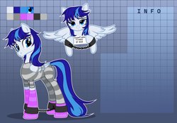 Size: 4000x2800 | Tagged: safe, artist:nika-rain, oc, oc:snowflake flower, pegasus, pony, abstract background, clothed ponies, clothes, commission, concave belly, cuffs, female, mare, prison outfit, prison stripes, reference sheet, shackles, show accurate, slender, solo, thin