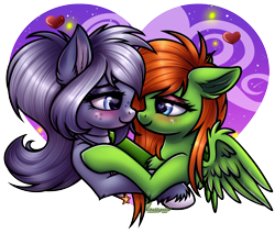 Size: 2056x1749 | Tagged: safe, artist:kruszynka25, oc, oc only, oc:elizza, oc:iwi star, earth pony, pegasus, pony, earth pony oc, female, floating heart, heart, heart eyes, holiday, lesbian, looking at each other, looking at someone, oc x oc, pegasus oc, shipping, simple background, transparent background, valentine's day, wingding eyes