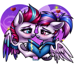 Size: 600x524 | Tagged: safe, artist:kruszynka25, zipp storm, oc, oc:northstar, pegasus, pony, g5, canon x oc, female, floating heart, heart, heart eyes, holiday, lesbian, looking at each other, looking at someone, pegasus oc, simple background, transparent background, valentine's day, wingding eyes