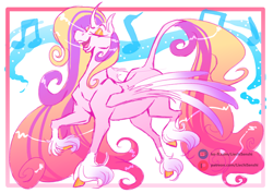 Size: 2480x1754 | Tagged: safe, artist:liechisenshi, princess cadance, alicorn, pony, g4, alternate design, curved horn, eyes closed, female, horn, leonine tail, mare, solo, tail, unshorn fetlocks