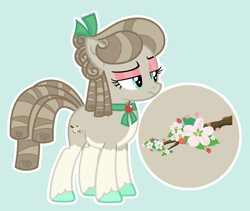 Size: 2126x1795 | Tagged: safe, artist:pastelnightyt, oc, oc only, oc:apple blossom, earth pony, pony, bow, coat markings, colored hooves, eyeshadow, female, green background, green eyes, hair bow, lidded eyes, makeup, mare, neck bow, offspring, pale belly, parent:braeburn, parent:marble pie, parents:marburn, ringlets, simple background, socks (coat markings), solo, standing, tree branch, unamused, unshorn fetlocks