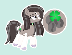 Size: 1370x1039 | Tagged: safe, artist:pastelnightyt, oc, oc only, oc:clover stone, earth pony, pony, blaze (coat marking), choker, clover, coat markings, colored hooves, facial markings, female, four leaf clover, gray eyes, green background, lidded eyes, mare, offspring, parent:marble pie, parent:trouble shoes, parents:marbleshoes, simple background, smiling, socks (coat markings), solo, unshorn fetlocks, walking