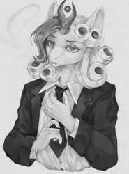 Size: 2000x2700 | Tagged: safe, artist:sarrash, oc, oc:razlad, anthro, cigarette, clothes, helix horn, high res, horn, looking at you, mafia, monochrome, necktie, shirt, smoking, solo, suit