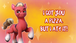 Size: 1200x675 | Tagged: safe, edit, sprout cloverleaf, earth pony, pony, g5, holiday, implied pizza, male, pure unfiltered evil, solo, stallion, text, valentine, valentine's day