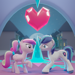 Size: 2000x2000 | Tagged: artist needed, source needed, safe, princess cadance, shining armor, alicorn, pony, unicorn, g4, 3d, blender, crystal empire, duo, female, fluffy, heart, high res, holiday, kissing, looking at each other, looking at someone, male, night, ship:shiningcadance, shipping, straight, valentine's day