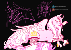 Size: 2480x1754 | Tagged: safe, artist:liechisenshi, oc, oc only, alicorn, pony, alicorn oc, black background, horn, knife, mouth hold, simple background, solo, unshorn fetlocks, wings, yandere