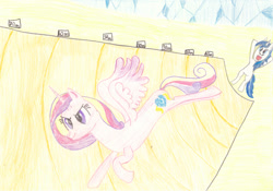 Size: 1280x895 | Tagged: safe, artist:ragmo, princess cadance, shining armor, alicorn, pony, unicorn, g4, epic wife tossing, female, male, ship:shiningcadance, shipping, sports, stallion, straight, traditional art