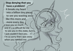 Size: 1005x711 | Tagged: safe, anonymous artist, part of a set, izzy moonbow, pony, unicorn, series:anorexic sunny, g5, anorexia, concerned, crying, female, hoof on chest, implied sunny starscout, implied weight loss, looking at someone, looking down, mare, offscreen character, part of a series, sad, speech bubble, talking, unshorn fetlocks