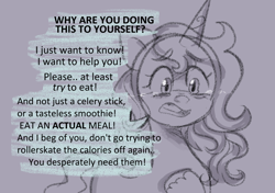Size: 1026x723 | Tagged: safe, anonymous artist, izzy moonbow, pony, unicorn, series:anorexic sunny, g5, anorexia, begging, concerned, crying, dialogue, implied sunny starscout, offscreen character, sad, talking, unshorn fetlocks