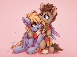 Size: 1916x1417 | Tagged: safe, artist:zeepheru_pone, derpy hooves, doctor whooves, time turner, earth pony, pegasus, pony, cheek fluff, clothes, cuddling, cute, derpabetes, doctorderpy, duo, ear fluff, feather, female, fourth doctor's scarf, heart, looking at each other, looking at someone, male, mare, scarf, shared clothing, shared scarf, shipping, sitting, smiling, stallion, straight, striped scarf, wings