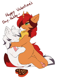 Size: 1746x2380 | Tagged: safe, artist:beardie, oc, oc only, oc:polina star, oc:yiazmat, dracony, dragon, hybrid, pony, unicorn, chest fluff, chocolate, couple, dracony oc, duo, female, food, hearts and hooves day, holiday, horn, husband and wife, kissing, love, male, married couple, paw pads, paws, ship:polinazmat, shipping, simple background, transparent background, unicorn oc, valentine's day