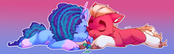 Size: 3792x1200 | Tagged: safe, artist:fantein, misty brightdawn, sprout cloverleaf, butterfly, earth pony, pony, unicorn, g5, clover, cute, duo, eyes closed, female, gradient background, hearts and hooves day, holding hooves, lying down, male, mare, mistybetes, ship:mistyclover, shipping, sproutbetes, stallion, straight, unshorn fetlocks