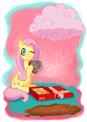 Size: 1679x2361 | Tagged: safe, alternate version, artist:spring_spring, part of a set, discord, fluttershy, pegasus, pony, g4, box, box of chocolates, chocolate, chocolate milk, chocolate rain, cloud, commission, commissioner:zcord, female, food, grass, heart, heart hands, heart shaped, hearts and hooves day, holiday, implied discord, implied discoshy, implied shipping, implied straight, looking at you, male, milk, one eye closed, present, rain, simple background, sitting, solo, sparkles, valentine's day, white background, wink