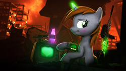 Size: 3840x2160 | Tagged: safe, artist:lagmanor, oc, oc only, oc:littlepip, pony, unicorn, fallout equestria, 3d, assault rifle, bag, blurry background, blushing, bottle, clothes, clothes on floor, dark background, dirty, eyelashes, female, glowing, glowing horn, green eyes, gun, handgun, heart, high res, holiday, horn, jumpsuit, lidded eyes, looking at you, looking back, looking back at you, magic, mattress, medkit, optical sight, pipbuck, pistol, pointing, raised leg, revolver, rifle, ruins, seductive pose, sitting, smiling, smiling at you, solo, source filmmaker, sparkle cola, sunset, telekinesis, terminal, undressed, valentine's day, vault suit, wasteland, weapon, zebra rifle