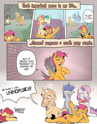 Size: 1024x1303 | Tagged: safe, artist:redheadfly, apple bloom, applejack, aunt holiday, auntie lofty, gilded lily, mane allgood, rainbow dash, scootaloo, snap shutter, sweetie belle, oc, oc:turning page, earth pony, pegasus, pony, unicorn, apple, apple bloom's bow, appledash, bow, dialogue, female, floating heart, food, hair bow, heart, lesbian, onomatopoeia, scootabelle, scootalily, shipping, sound effects, speech bubble, zap apple