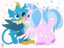 Size: 1320x990 | Tagged: safe, artist:rainbow eevee, gallus, silverstream, griffon, hippogriff, g4, birb, blue eyes, blushing, butt, cheek fluff, cheek kiss, chest fluff, chibi, cute, diastreamies, digital art, dock, duo, female, folded wings, gallabetes, heart, holiday, kissing, looking up, male, one eye closed, plot, ship:gallstream, shipping, simple background, spread wings, straight, streambutt, tail, underhoof, valentine's day, wings