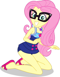 Size: 2357x3011 | Tagged: safe, artist:dustinwatsongkx, fluttershy, human, equestria girls, g4, accessory swap, bare shoulders, clothes, clothes swap, female, geode of telekinesis, glasses, grin, high res, magical geodes, one-piece swimsuit, sandals, sci-twi swimsuit, simple background, sleeveless, smiling, solo, swimsuit, swimsuit swap, transparent background