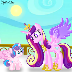 Size: 1400x1400 | Tagged: safe, artist:mlplary6, princess cadance, princess flurry heart, alicorn, pony, g4, crown, cute, female, filly, filly flurry heart, foal, hoof shoes, jewelry, looking at each other, looking at someone, mare, mother and child, mother and daughter, older, older flurry heart, regalia, sky, smiling, smiling at each other, spread wings, sun, wings