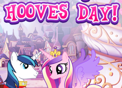 Size: 636x457 | Tagged: safe, gameloft, screencap, princess cadance, shining armor, alicorn, pony, unicorn, g4, my little pony: magic princess, cropped, crown, duo, female, hearts and hooves day, jewelry, male, mare, meme, regalia, smiling, stallion, text, wow! glimmer