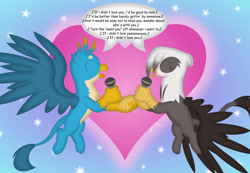 Size: 1076x743 | Tagged: safe, artist:porygon2z, gallus, oc, oc:raiza, griffon, g4, holiday, singing, valentine's day