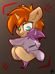 Size: 1769x2376 | Tagged: safe, artist:tz055, oc, oc only, oc:ametist bell, oc:arthur ali, bat pony, pony, unicorn, bat pony oc, cute, duo, female, hug, male