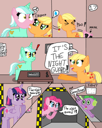 Size: 2548x3196 | Tagged: safe, artist:alyssafire, artist:nightshadowmlp, applejack, lyra heartstrings, pinkie pie, spike, twilight sparkle, alicorn, dragon, earth pony, pony, unicorn, comic:five am at pinkie's: the prequel, g4, comic, dialogue, exclamation point, five nights at freddy's, hatless, high res, interrobang, light, mask, missing accessory, question mark, spitting, twilight sparkle (alicorn)