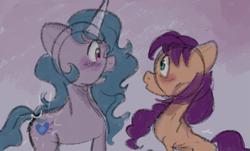Size: 1205x728 | Tagged: safe, anonymous artist, part of a set, izzy moonbow, sunny starscout, earth pony, pony, unicorn, series:anorexic sunny, g5, anorexia, anorexic, emaciated, glowing cutie mark, looking at each other, looking at someone, part of a series, physique difference, skinny, starvation, thin