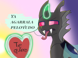 Size: 1440x1080 | Tagged: safe, artist:flower-black, oc, oc:flower black, changeling, fangs, heart, hearts and hooves day, holiday, insult, magic, present, solo, spanish, tongue out, valentine's day