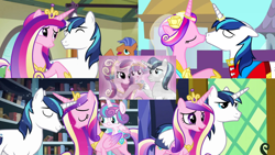 Size: 1192x670 | Tagged: safe, edit, editor:megalobronia, screencap, princess cadance, princess flurry heart, shining armor, alicorn, pony, unicorn, a canterlot wedding, a flurry of emotions, g4, the crystalling, the one where pinkie pie knows, collage, couple, female, male, mare, stallion