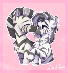 Size: 1772x1921 | Tagged: safe, artist:alrumoon_art, oc, oc only, oc:lasari, oc:rayven, zebra, holiday, kissing, valentine's day, zebra oc