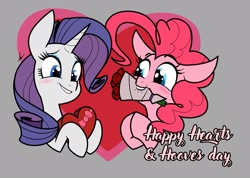 Size: 2047x1460 | Tagged: safe, artist:shelbysmol, pinkie pie, rarity, earth pony, pony, unicorn, g4, blushing, bouquet, bouquet of flowers, box of chocolates, female, flower, gray background, heart, hearts and hooves day, holiday, lesbian, mare, mouth hold, rose, ship:raripie, shipping, simple background, valentine's day