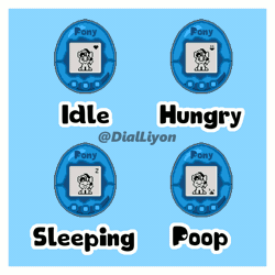Size: 800x800 | Tagged: safe, artist:dialliyon, oc, oc:dial liyon, pony, unicorn, animated, gif, happy, hungry, loop, male, perfect loop, pixel art, simple background, sleeping, tamagotchi, text, video game