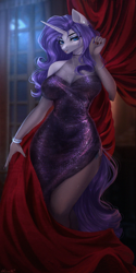 Size: 1000x2000 | Tagged: safe, artist:alicesmitt31, rarity, unicorn, anthro, g4, bedroom eyes, big breasts, bracelet, breasts, cleavage, clothes, dress, evening gloves, eyeshadow, female, gloves, horn, jewelry, lipstick, long gloves, looking at you, makeup, nail polish, solo