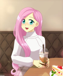 Size: 540x650 | Tagged: safe, artist:riouku, fluttershy, human, equestria girls, g4, blushing, bubble tea, cake, clothes, coffee, cute, drinking straw, eye clipping through hair, eyebrows, eyebrows visible through hair, female, food, holiday, latte, looking at you, open mouth, open smile, plate, shyabetes, skirt, smiling, smiling at you, solo, strawberry, sweater, sweatershy, table, valentine's day
