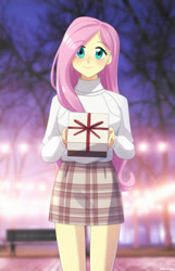 Size: 450x700 | Tagged: safe, artist:riouku, fluttershy, human, equestria girls, g4, 2023, bench, blushing, clothes, cute, female, holiday, present, shyabetes, skirt, solo, sweater, sweatershy, tree, valentine's day