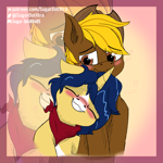 Size: 4000x4000 | Tagged: safe, artist:sugardotxtra, oc, oc only, oc:acres, oc:flash reboot, earth pony, unicorn, blushing, clothes, commission, cowboy hat, duo, ears back, earth pony oc, female, hat, heart, heart eyes, holiday, horn, male, oc x oc, scarf, shipping, simple background, unicorn oc, valentine's day, wingding eyes, zoom layer