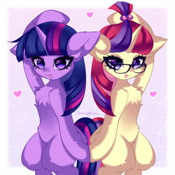 Size: 3000x3000 | Tagged: safe, artist:monstrum, moondancer, twilight sparkle, pony, unicorn, g4, bipedal, chest fluff, cute, duo, female, fluffy, heart, high res, holiday, lesbian, mare, ship:twidancer, shipping, twiabetes, valentine's day