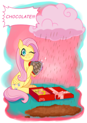 Size: 1679x2361 | Tagged: safe, alternate version, artist:spring_spring, part of a set, fluttershy, pegasus, pony, g4, box, box of chocolates, chocolate, chocolate milk, chocolate rain, cloud, commission, commissioner:zcord, female, food, grass, heart, heart hands, heart shaped, hearts and hooves day, holiday, implied discord, implied discoshy, implied pinkie pie, implied shipping, implied straight, looking at you, male, milk, one eye closed, present, rain, simple background, sitting, solo, sparkles, valentine's day, white background, wink