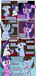 Size: 1920x4080 | Tagged: safe, artist:alexdti, rarity, twilight sparkle, oc, oc:malachi maker, alicorn, earth pony, pony, unicorn, comic:misery loves company, g4, comic, crossed hooves, dialogue, ears back, earth pony oc, eyebrows, eyes closed, female, folded wings, glasses, high res, hooves, horn, lidded eyes, male, mare, open mouth, open smile, raised eyebrow, raised hoof, smiling, speech bubble, stallion, twilight sparkle (alicorn), underhoof, wings