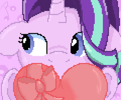 Size: 1200x1000 | Tagged: safe, artist:reinbou, starlight glimmer, pony, unicorn, g4, heart, hearts and hooves day, holiday, pixel art, present, simple background, solo, valentine's day