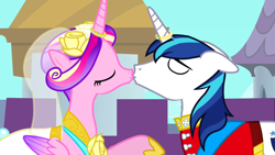 Size: 1280x720 | Tagged: safe, screencap, princess cadance, shining armor, alicorn, pony, unicorn, a canterlot wedding, g4, canterlot, cute, duo, eyes closed, female, kiss on the lips, kissing, male, stallion