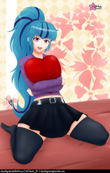 Size: 634x1000 | Tagged: safe, alternate version, artist:clouddg, sonata dusk, human, equestria girls, g4, clothes, heart, heart pillow, holiday, hug, human coloration, kneeling, open mouth, open smile, pillow, pillow hug, skirt, smiling, socks, speech bubble, textless, thigh highs, valentine's day, zettai ryouiki