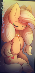 Size: 1055x2160 | Tagged: safe, artist:miryelis, part of a set, applejack, earth pony, pony, g4, applejack's hat, big ears, cowboy hat, cute, element of honesty, eyes closed, female, freckles, full body, gradient background, hat, impossibly large ears, jackabetes, long hair, mare, signature, smiling, solo, text