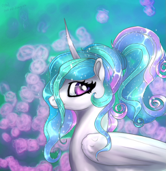 Size: 695x715 | Tagged: safe, artist:opal2023, princess celestia, alicorn, pony, g4, aesthetics, alternate hairstyle, bust, flower, pastel, ponytail, portrait, profile, smiling, solo, sparkles